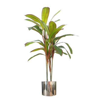 Tropische künstliche Dracaena-Palme, realistischer großer silberner Übertopf, 100 cm