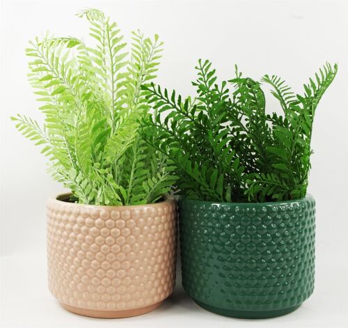 Pair Ceramic Planters Artificial Ferns 40cm