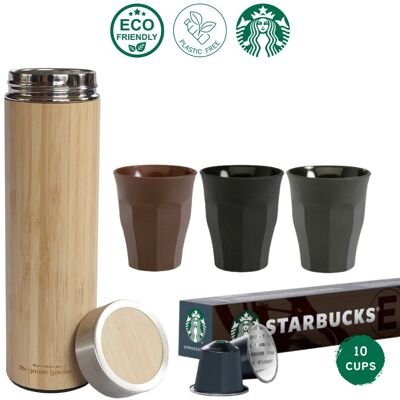 Starbucks Coffee Package with green-goose Bamboo Thermos and 3 Espresso Glasses | Espresso Roast