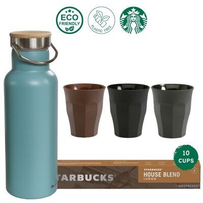 Starbucks Coffee Package with green-goose Metal Thermos Blue and 3 Espresso Glasses | Blonde Espresso Roast