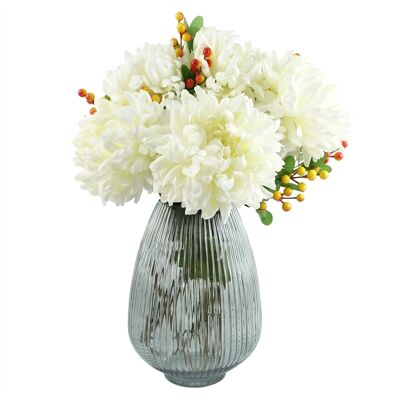 Feuille 50cm Vase en verre gris chrysanthèmes artificiels
