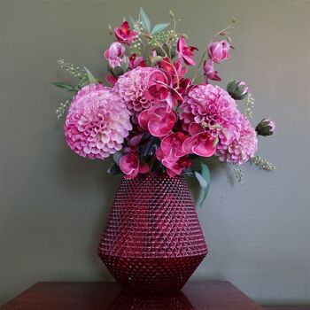 Vase en verre d'affichage de joli dahlia rose de 50 cm 1