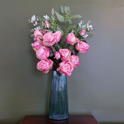 Leaf 60cm Pink Rose Artificial Flower Display Glass Vase