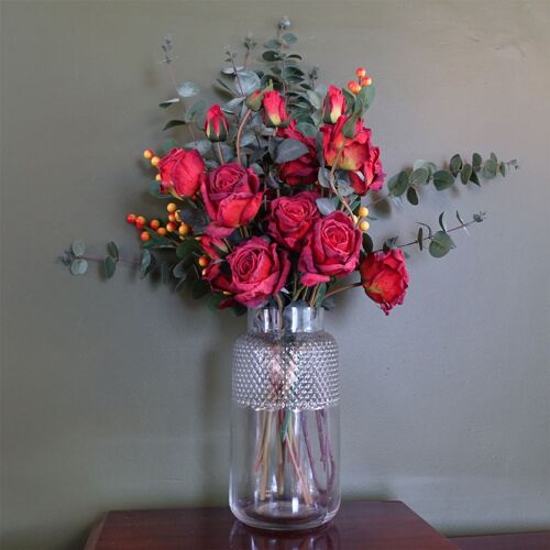 Leaf 60cm Red Rose and Eucalyptus Glass Diamond Vase