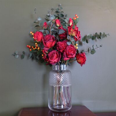 Vase en diamant en verre avec rose rouge et eucalyptus Leaf 60 cm