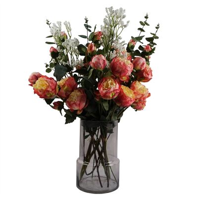Blatt 60 cm rauchgraue Vase, rosa Pfingstrosen und künstlicher Eukalyptus