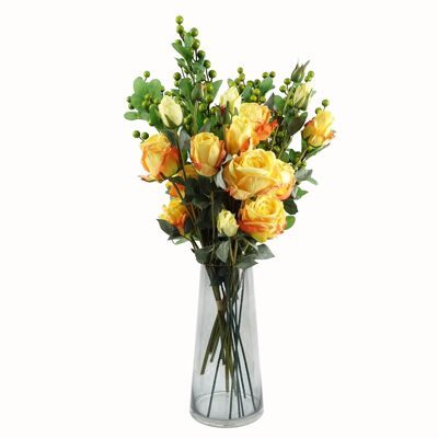 Vase en verre de fleurs artificielles de rose jaune de feuille 60cm
