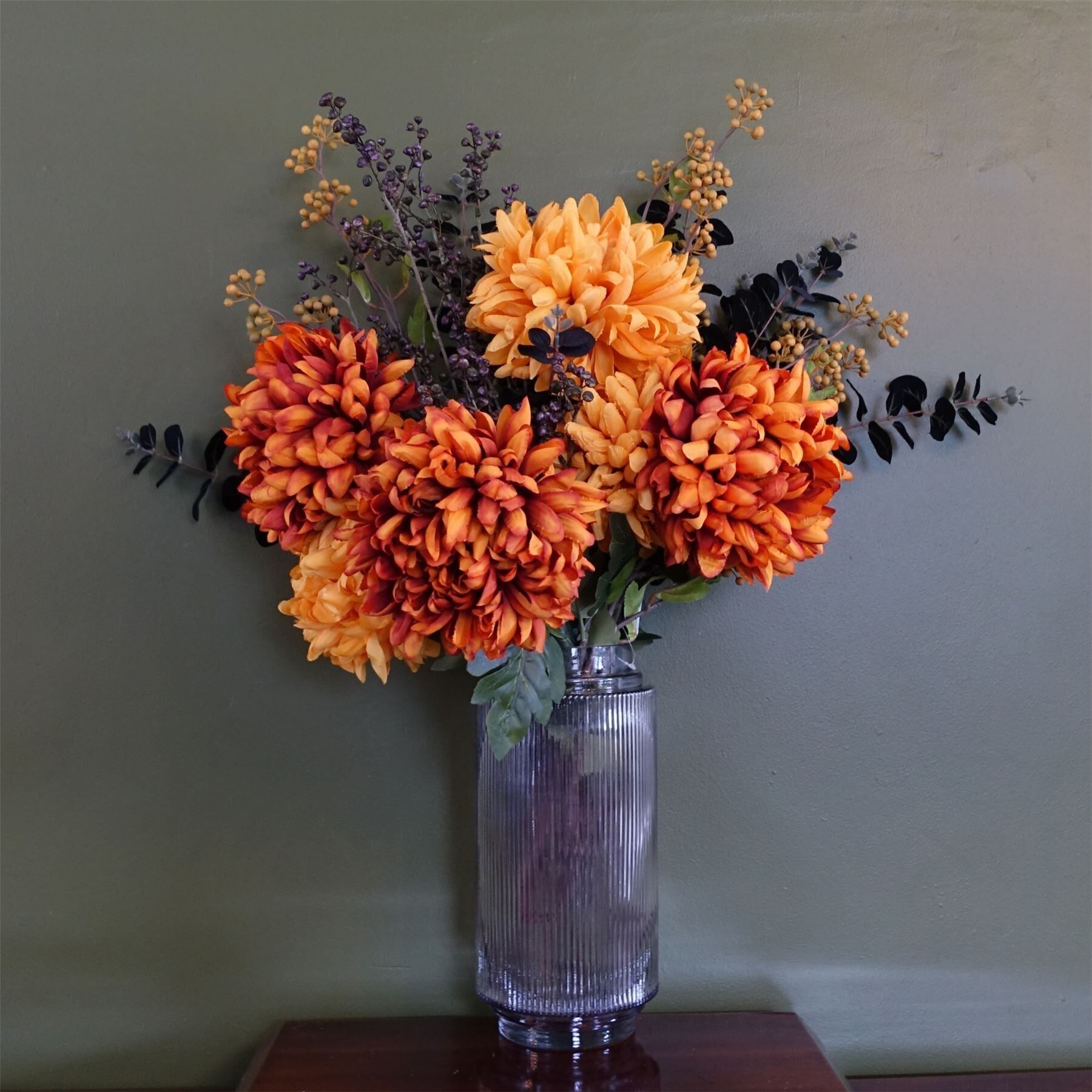 Vase en verre pour arrangement floral orange et noir, 65 cm, feuille