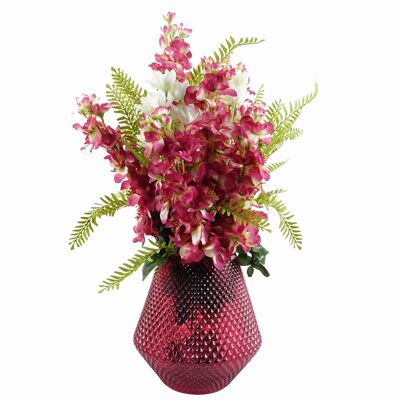 Vaso rosa con composizione floreale in delphinium artificiale rosa scuro con foglie da 70 cm