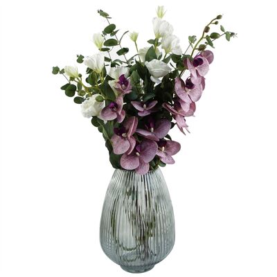 Vase en verre gris feuille 70 cm, orchidées et roses artificielles