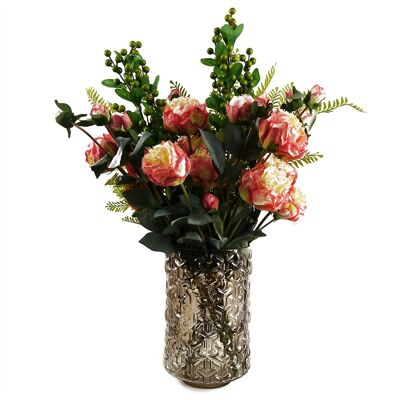 Vase en verre avec arrangement de pivoines roses, 70 cm, feuille