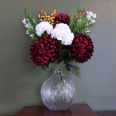 Vase boule en verre chrysanthème rouge feuille 70 cm