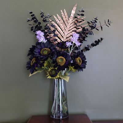 Leaf 80cm Artificial Purple Sunflower and Gold Leaf Display Glass Vase