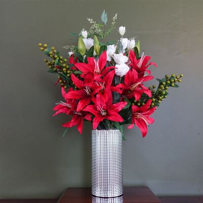 Blatt 80cm künstliche rote Lilie Arrangement Silber Glasvase