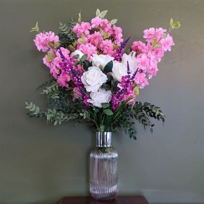 Vaso in vetro con composizione di rose bianche a forma di fiore rosa da 100 cm