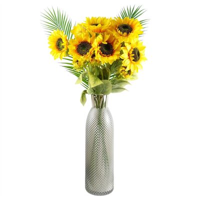 Vaso in vetro con disposizione di girasole artificiale giallo a foglia da 100 cm