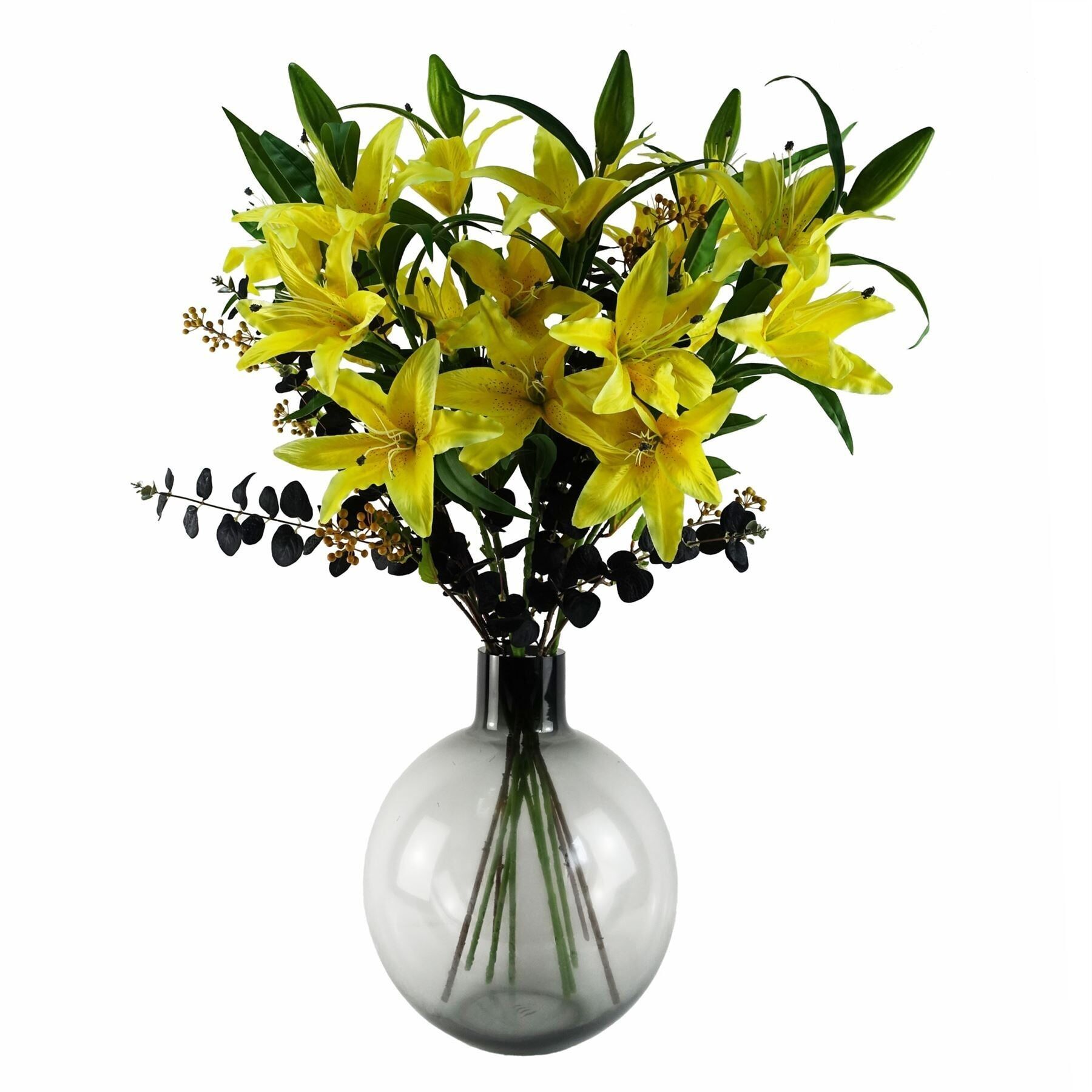 Vase boule en verre d'eucalptus noir, lys jaune, feuille 100cm