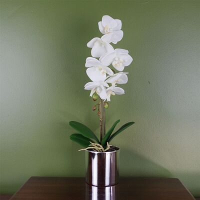 Vaso in argento per orchidea artificiale bianca 46 cm