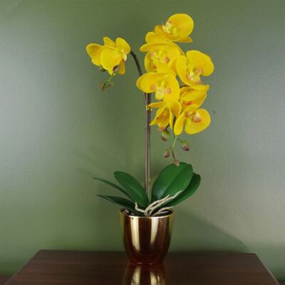 Gelbe Orchidee, künstlicher goldener Topf, 48 cm