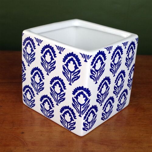 12cm Ceramic Cube Planter Print Blue Tulip