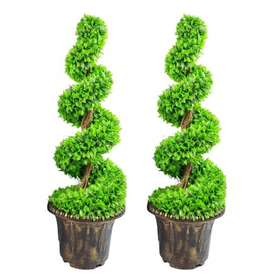 90 cm großes Paar grüner, großblättriger spiralförmiger Formschnittbäume mit dekorativen Pflanzgefäßen