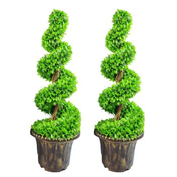 Paire d'arbres topiaires en spirale à grandes feuilles vertes de 90 cm avec jardinières décoratives 1