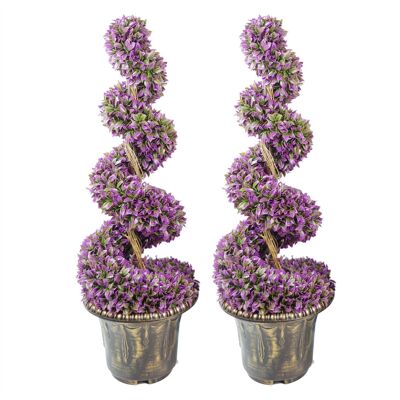 Coppia di alberi topiari a spirale a foglia grande viola da 90 cm con fioriere decorative