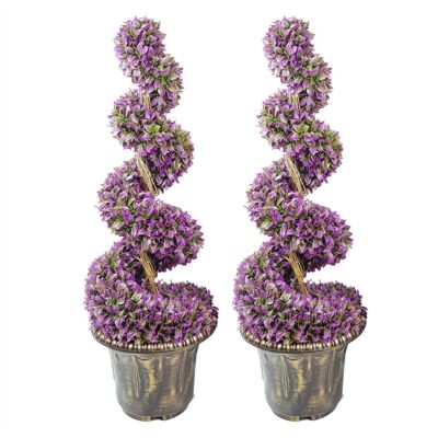 Par de árboles topiarios en espiral de hojas grandes de color morado de 90 cm con maceteros decorativos