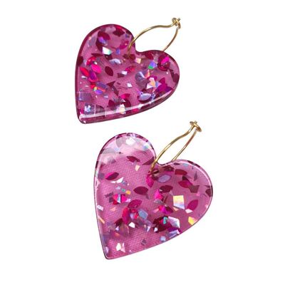 Pink heart hoop earrings with glitter in resin
