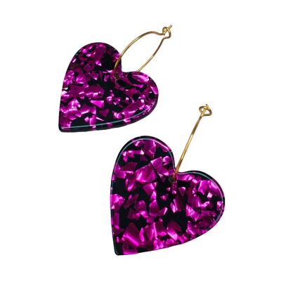 Heart hoop earrings in black and metallic pink resin