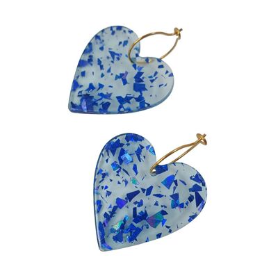 Transparent blue heart hoop earrings in resin