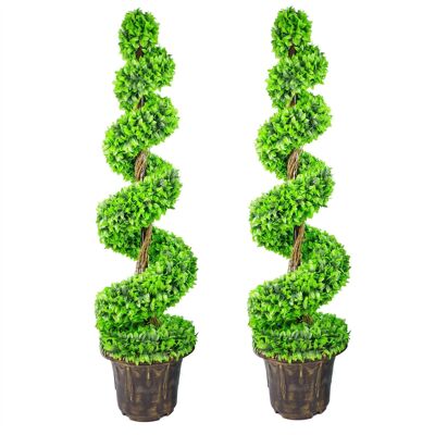 Paire d'arbres topiaires en spirale à grandes feuilles vertes de 120 cm avec jardinières décoratives