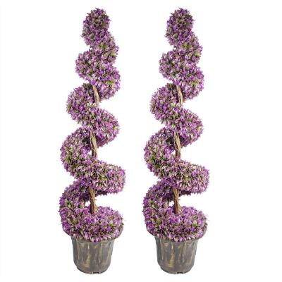 Coppia di alberi topiari a spirale a foglia grande viola da 120 cm con fioriere decorative
