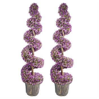Paire d'arbres topiaires en spirale à grandes feuilles violettes de 120 cm avec jardinières décoratives 1