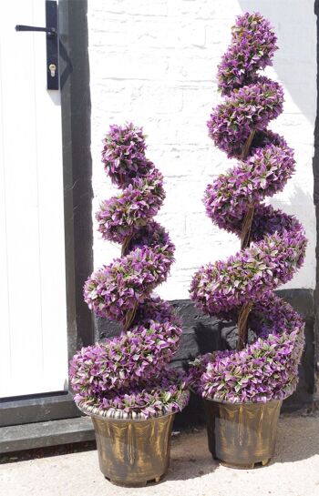 Paire d'arbres topiaires en spirale à grandes feuilles violettes de 120 cm avec jardinières décoratives 4