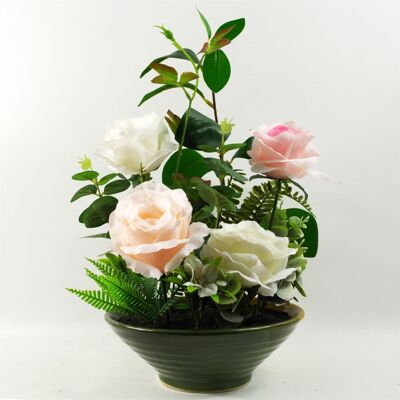Plantador de cerámica esmaltada de 35 cm con rosas de flores artificiales