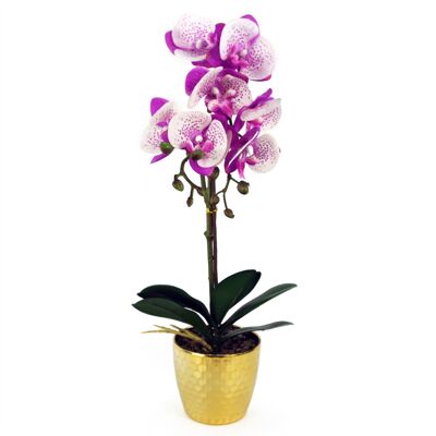 Orquídea Artificial Púrpura Blanca 50cm Maceta Dorada Phalaenopsis