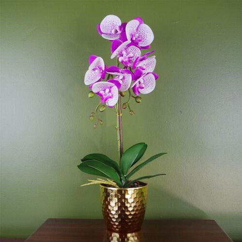 Purple White Orchid Artificial 50cm Gold Pot