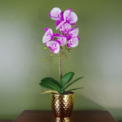 Orchidée artificielle violette et blanche, pot doré de 50 cm