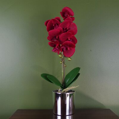Orchidée Artificielle Rouge Pot Argent 46cm Real Touch