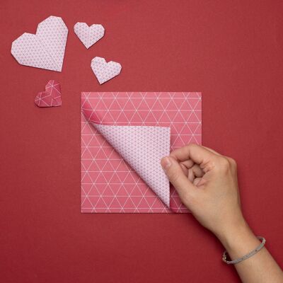 Papel origami rojo para manualidades creativas, papel plegable a dos caras rojo con patrón geométrico, papel artesanal rosa regalo de San Valentín