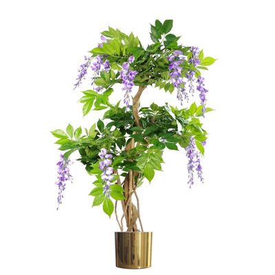 Fioriera artificiale in oro con albero di glicine viola, tronco in fiore da 110 cm