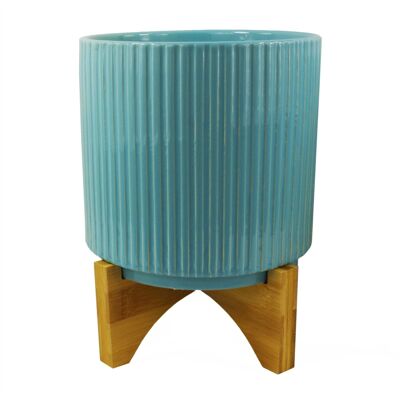 Keramik-Blumentopf, Bambus, gerippt, blau, 17 x 17 x 21 cm, Blatt