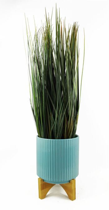 Pot de fleurs en céramique, jardinière en bambou côtelé bleu, feuille 17x17x21cm 2
