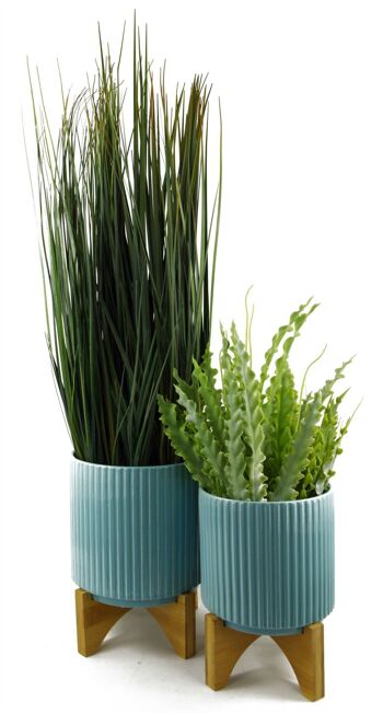 Pot de fleurs en céramique, jardinière en bambou côtelé bleu, feuille 17x17x21cm 3