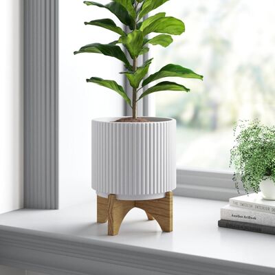 Ceramic Plant Pot Planter Bamboo Ribbed White 17 x 17 x 21cm Leaf