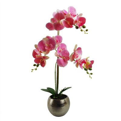 Künstliche Orchideen-Blumenpflanze, 70 cm, rosa-silberner Keramik-Übertopf