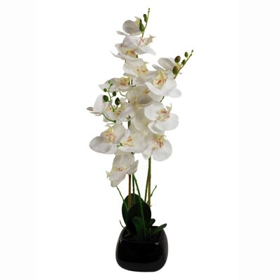 Künstliche Orchideen-Blumenpflanze, 70 cm, weiß-schwarzer Keramik-Übertopf