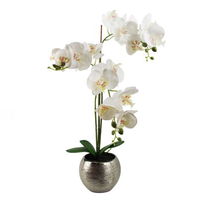 Künstliche Orchideenpflanze, 70 cm, weiß-silberner Keramik-Übertopf