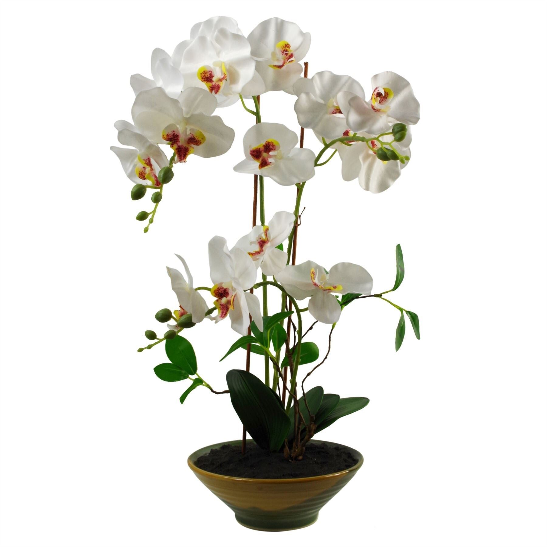 Macetero esmaltado con orquídeas artificiales Macetero esmaltado blanco 65 cm